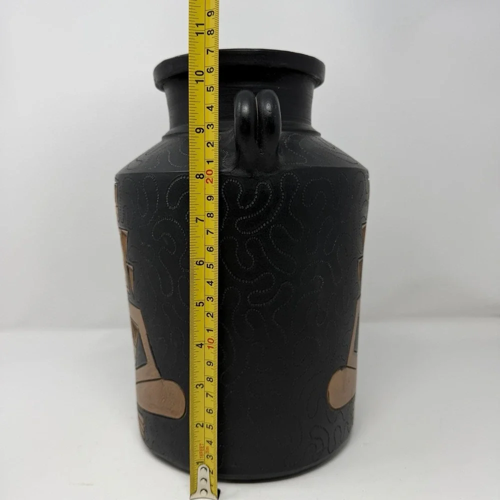 Vtg Black Pottery Vase Copper Colored Relief Tribal‎ Geometric Double Handle 11